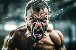 il intensità e concentrazione di un' maschio pugile come lui lanci un' potente punch nel il boxe squillo. generativo ai foto