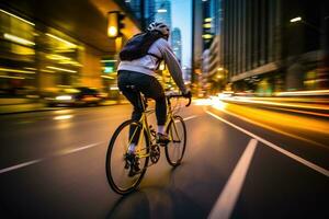 un' dinamico tiro di un' ciclista equitazione attraverso un' dedito bicicletta corsia. generativo ai foto