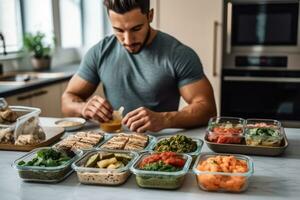 un' stile di vita tiro di un' uomo godendo un' fatti in casa pasto prep con contenitori pieno con nutriente e porzionato pasti. generativo ai foto