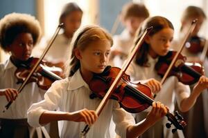 il grazioso bellezza di un' violino classe, dove studenti appassionatamente pratica loro abilità. generativo ai foto