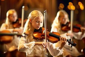 il grazioso bellezza di un' violino classe, dove studenti appassionatamente pratica loro abilità. generativo ai foto