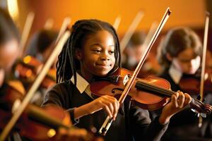il grazioso bellezza di un' violino classe, dove studenti appassionatamente pratica loro abilità. generativo ai foto