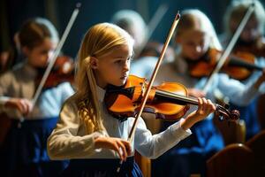 il grazioso bellezza di un' violino classe, dove studenti appassionatamente pratica loro abilità. generativo ai foto