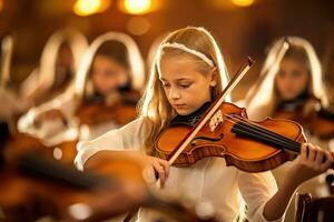 il grazioso bellezza di un' violino classe, dove studenti appassionatamente pratica loro abilità. generativo ai foto