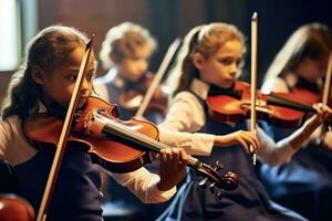 il grazioso bellezza di un' violino classe, dove studenti appassionatamente pratica loro abilità. generativo ai foto