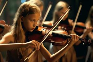 il grazioso bellezza di un' violino classe, dove studenti appassionatamente pratica loro abilità. generativo ai foto