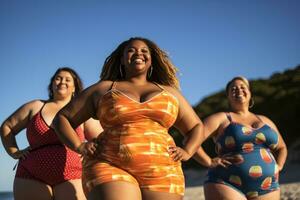 un' gruppo foto di diverso più dimensione donne nel elegante costumi da bagno godendo un' giorno a il spiaggia. generativo ai
