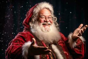 foto di un' gioviale uomo vestito come Santa Claus nel un' festivo studio. generativo ai