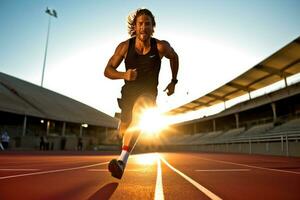 il agilità e velocità di un' maschio atleta come lui impegna nel un' sprint sessione su il traccia. generativo ai foto