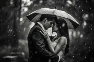 un' vicino - su tiro di un' coppia Abbracciare una persona sotto un ombrello nel il pioggia. generativo ai foto