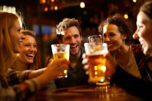 un' gruppo di amici tostatura e festeggiare con loro birre nel un' vibrante, bene - illuminato sbarra. generativo ai foto
