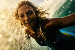 un' foto di un' femmina surfer fare surf su un' forte onda. generativo ai