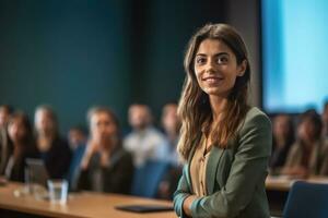 un' vicino - su tiro di un' fiducioso donna d'affari dando un' presentazione nel un' moderno conferenza camera. generativo ai foto