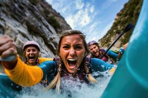 un' vicino - su tiro di un' gruppo di amici impegnato nel kayak o rafting su un' veloce - fluente fiume con roccioso scogliere nel il sfondo. generativo ai foto