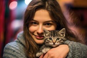 un' vicino - su tiro di un' donna con un' dolce Sorridi, cullare un' di recente adottato gatto nel sua braccia a un animale riparo. generativo ai foto