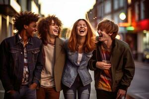un' gruppo di diverso amici ridendo e avendo divertimento nel un' vivace urbano ambientazione. generativo ai foto