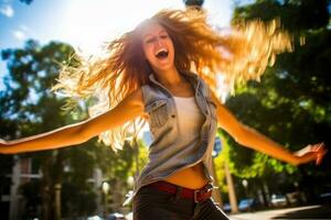 un' vivace e energico tiro di un' giovane donna danza nel un' città parco. generativo ai foto