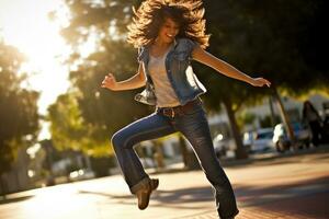 un' vivace e energico tiro di un' giovane donna danza nel un' città parco. generativo ai foto