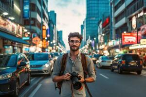 un' giovane coppia giovane uomo esplorando un' vivace città con un' telecamera nel mano. generativo aie esercizio insieme a un' palestra. generativo ai foto