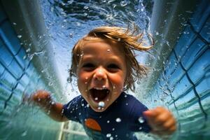 il innocenza e curiosità di un' giovane ragazzo come lui esplora il subacqueo mondo di un' nuoto piscina. generativo ai foto