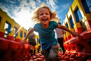 il gioia e eccitazione di bambini giocando a un' colorato terreno di gioco con un' Basso - angolo sparo. generativo ai foto