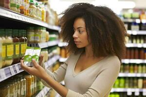 un' vicino - su tiro di un' donna l'esame il etichette di vario prodotti nel un' supermercato. generativo ai foto