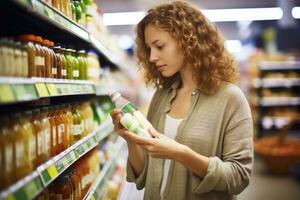 un' vicino - su tiro di un' donna l'esame il etichette di vario prodotti nel un' supermercato. generativo ai foto