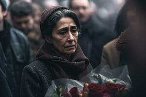 un' avvicinamento tiro di un' triste donna a il cimitero durante un' funerale. generativo ai foto