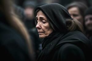 un' avvicinamento tiro di un' triste donna a il cimitero durante un' funerale. generativo ai foto
