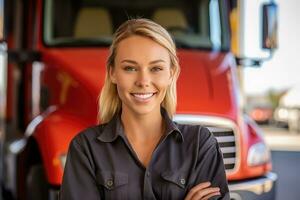 un' giovane femmina camion autista come lei pose nel davanti di sua camion con un' caldo Sorridi. generativo ai foto