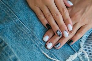 bellissimo femmina mani con manicure su il sfondo di denim. elegante chiodo design. manicure con nero e bianca zebra strisce su il chiodo. foto