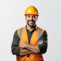 attraente uomo nel costruzione casco foto