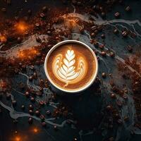 caffè tazza con latte macchiato arte su caffè fagioli sfondo.ai generativo foto