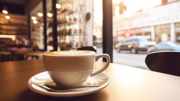 caffè tazza su di legno tavolo nel caffè negozio con sfocato sfondo, ai generativo foto