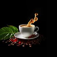 tazza di caffè su nero sfondo con caffè fagioli e verde le foglie ai generativo foto