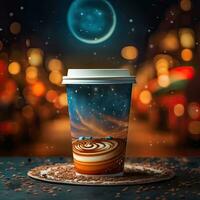 caffè tazza con latte macchiato arte su caffè fagioli sfondo. ai generativo foto
