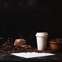 caffè e caffè fagioli su nero sfondo ai generativo foto