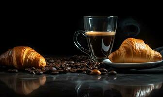 caffè e caffè fagioli su nero sfondo ai generativo foto