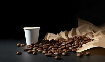 caffè e caffè fagioli su nero sfondo ai generativo foto