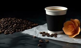 caffè con brioche e caffè fagioli su nero sfondo ai generativo foto
