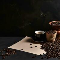 caffè con brioche e caffè fagioli su nero sfondo ai generativo foto