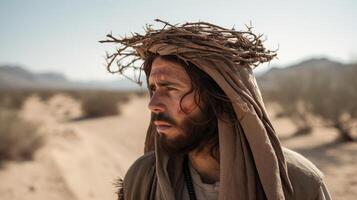 Gesù Cristo nel il deserto con un' corona di spine. ai generato foto