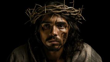Gesù Cristo con corona di spine. ritratto di un' uomo come Gesù Cristo. ai generato foto