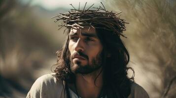 Gesù Cristo nel il deserto con un' corona di spine. ai generato foto