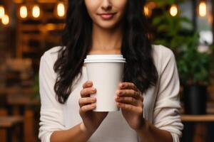 donna mano Tenere un' tazza di caffè modello per pubblicità su sfocatura sfondo. ai generato foto