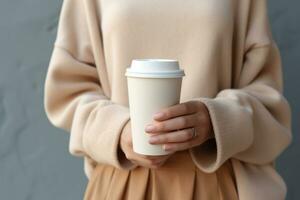 donna mano Tenere un' tazza di caffè modello per pubblicità su sfocatura sfondo. ai generato foto