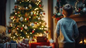 un' carino ragazzo in mezzo un' Natale albero ornato con luci, decorazioni, i regali, e ornamenti, nel un' accogliente camera, festeggiare Natale giorno e accogliente il nuovo anno. ai generato foto