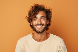 contento giovane uomo ritratto con moda camicia Sorridi su studio sfondo. ai generato foto