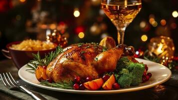 succoso e gustoso arrosto tacchino su un' piatto con Natale decorazioni. arrostito pollo con la verdura, arrosto pollo festa, tutti tipi di cibo, birra. ai generativo foto