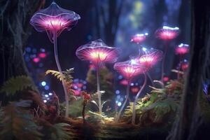 un' bioluminescente alieno cristallo foresta con fiori, bioluminescente carnivoro impianti, ai generativo foto